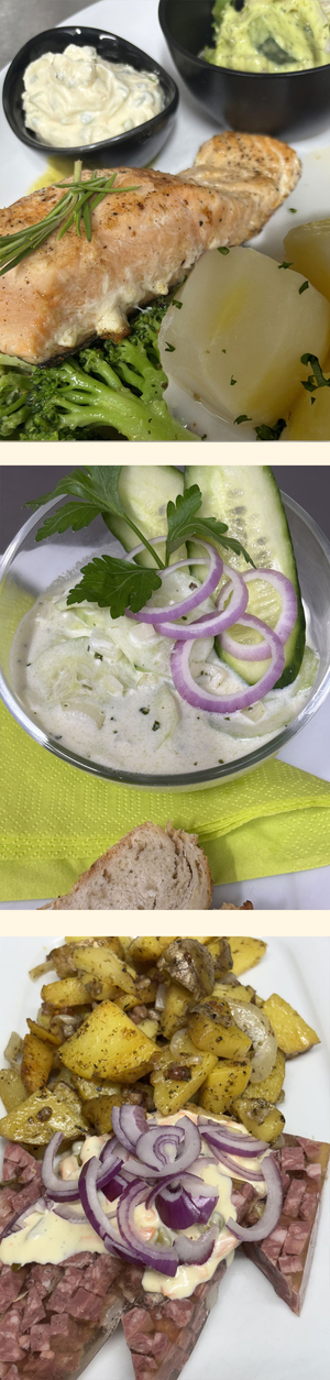 Braten mit Kartoffeln, Remoulade mit hausgemachtes Baguette, Hausmacher…