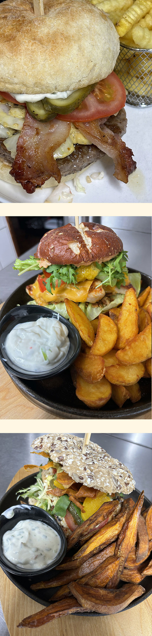 Burger mit Bacon, Burger mit Hühnerfleisch, Burger mit Grillwürstchen Burger mit Bacon, Burger mit Hühnerfleisch, Burger mit Grillwürstchen