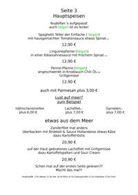 Speisekarte Seite 3 - Hauptspeisen: Nudeln, Fisch…