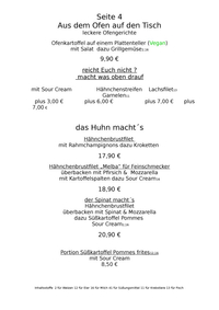 Speisekarte Seite 4 - Hauptspeisen: Ofengerichte, Huhn…
